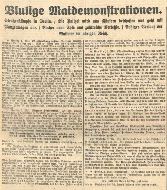 Der Screenshot zeigt die Titelseite der Badischen Presse vom 2. Mai 1929.
