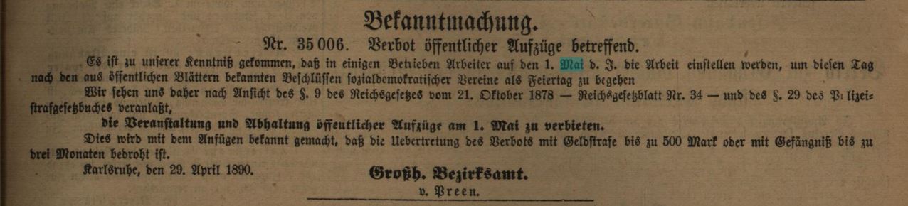 Der Screenshot zeigt einen Ausschnitt des Karlsruher Tagblatts vom 30. April 1890.