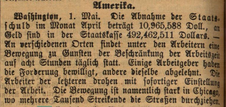 Der Screenshot zeigt einen Ausschnitt der Karlsruher Zeitung vom 4. Mai 1886.