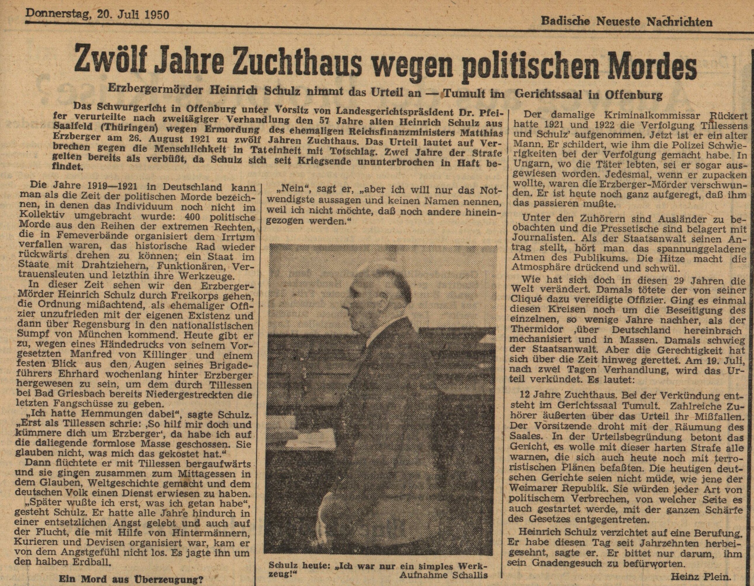 Ein Artikel der BNN aus dem Jahr 1950 befasst sich mit einem der Gerichtsurteile im Fall Erzberger.