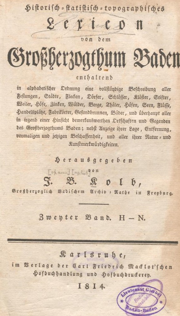 Titelseite vom Historisch-statistisch-topographisches Lexicon von dem Großherzogthum Baden