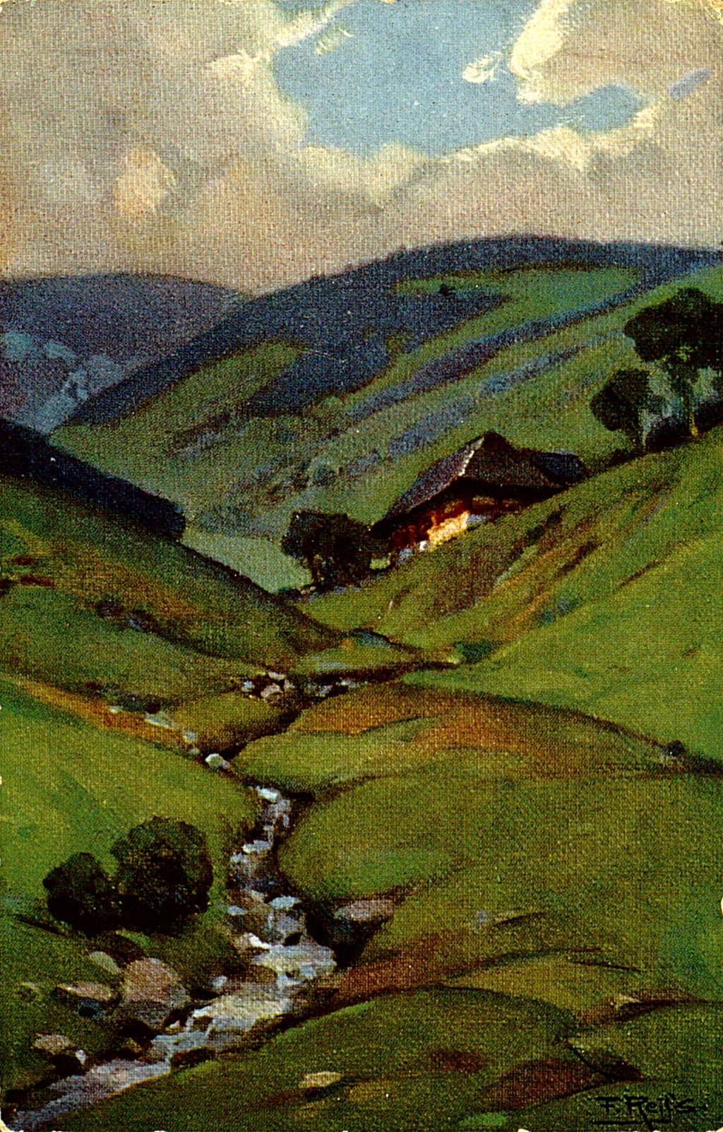 Die Abbildung zeigt eine 1918 gelaufene Postkarte. Präsentiert wird hier eine idyllische Schwarzwaldlandschaft mit regionaltypischer Architektur. 