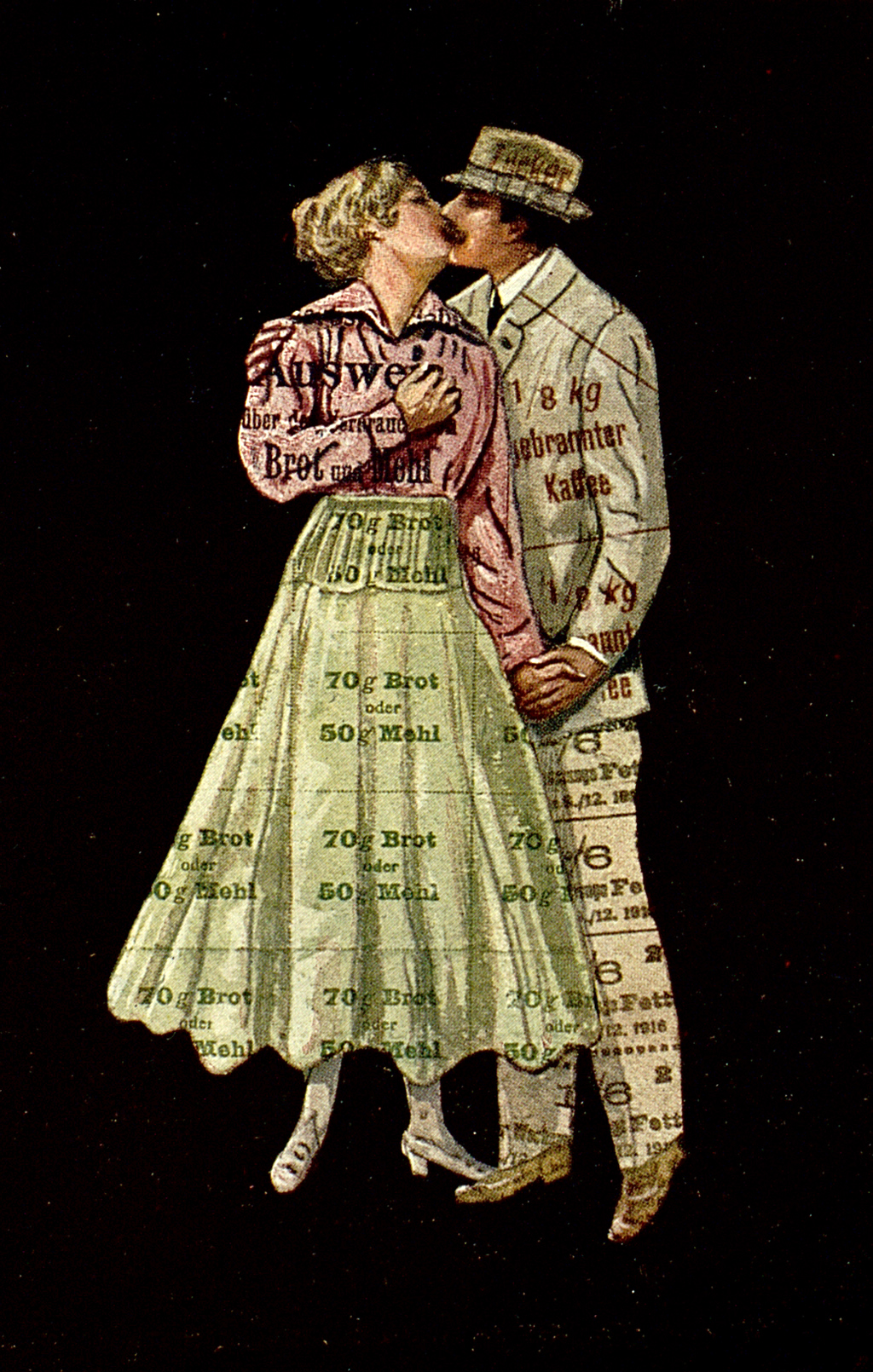 Propaganda-Postkarte mit Liebespaar in Kleidung aus Lebensmittelmarken.