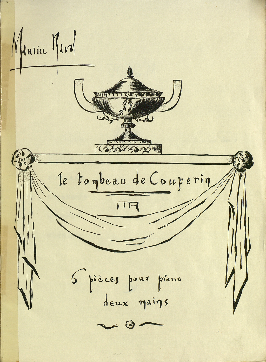 Gezeigt wird der Umschlag zu Maurice Ravels Komposition "Le tombeau de Couperin". Sarauf ein Punk-Kantharos im Empire-Stil über einem Quervorhang.