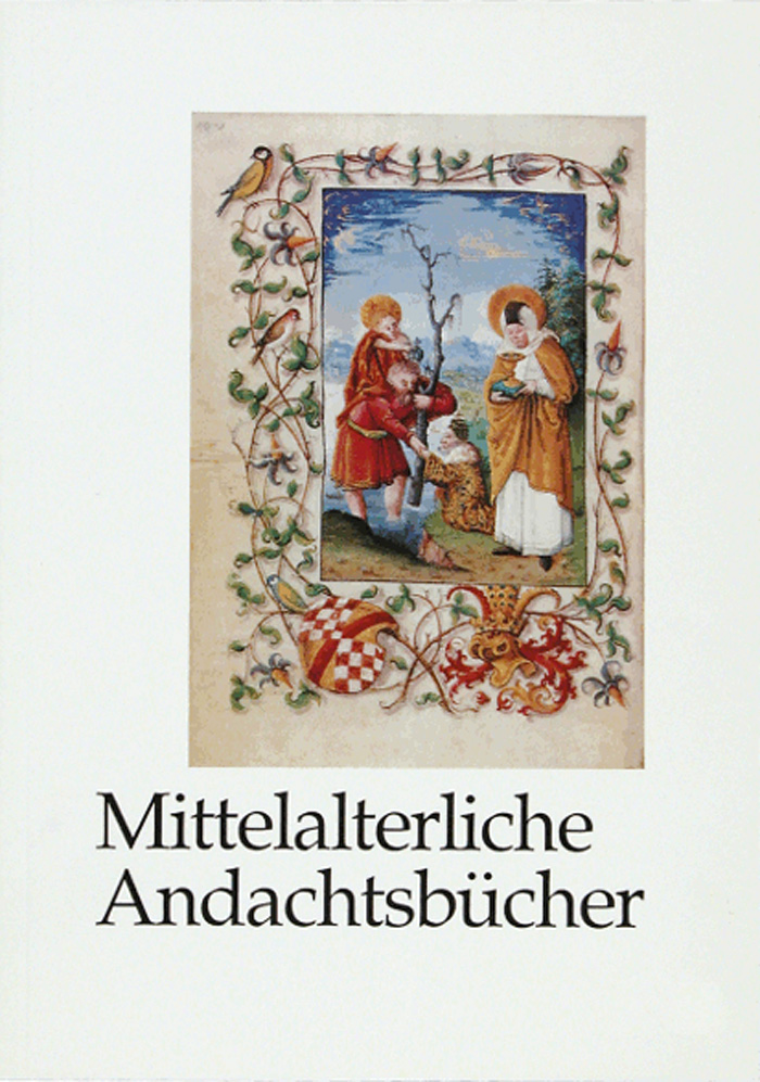 Zu sehen ist das weiße Cover eines Ausstellungkataloges, auf welchem eine illustrierte Buchseite abgebildet ist. Am unteren Bildrand steht der Name der Ausstellung. 