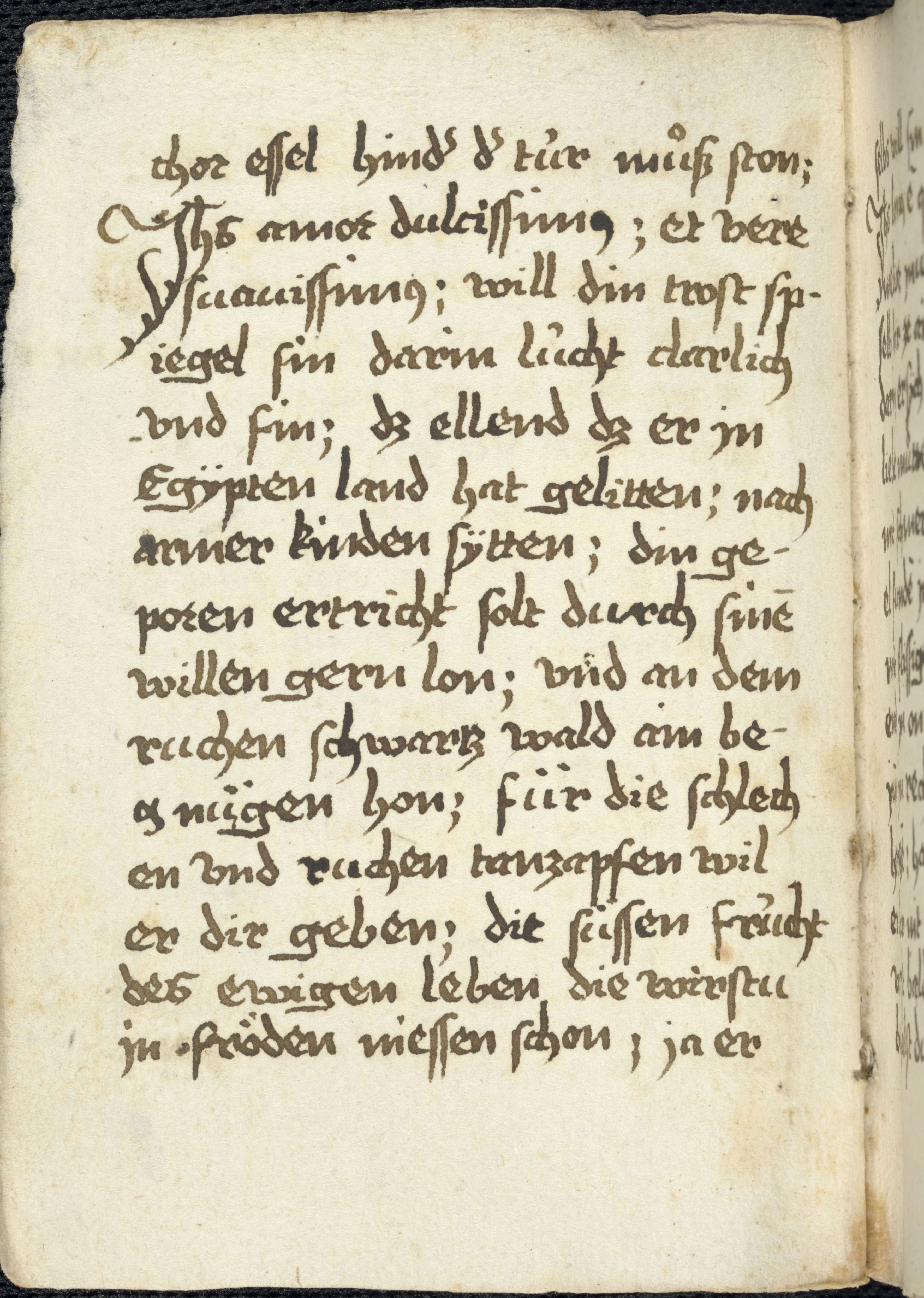 Zu sehen ist: Cod. St. Georgen 106, Bl. 44v: Gedichtstrophe, in der der ruche Schwarczwald erwähnt wird, in der die Adressatin des Textes lebt