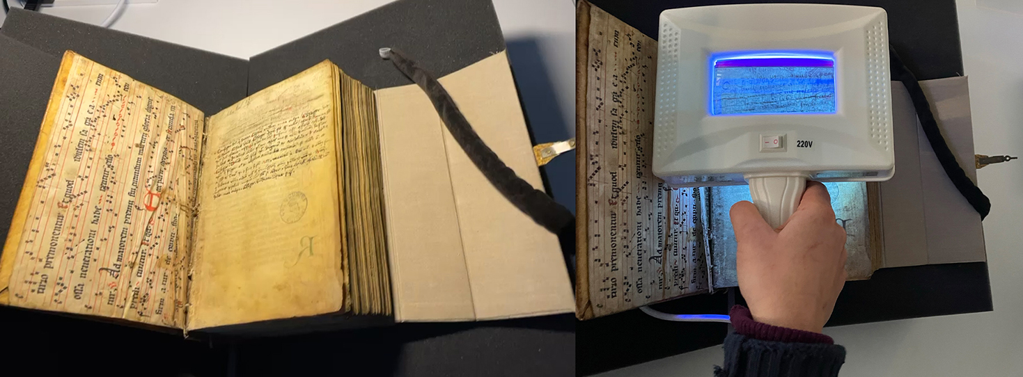 Zu sehen ist ein unleserlicher Besitzeintrag in einem alten Buch und derselbe nun lesbare Eintrag unter der Quarzlampe.