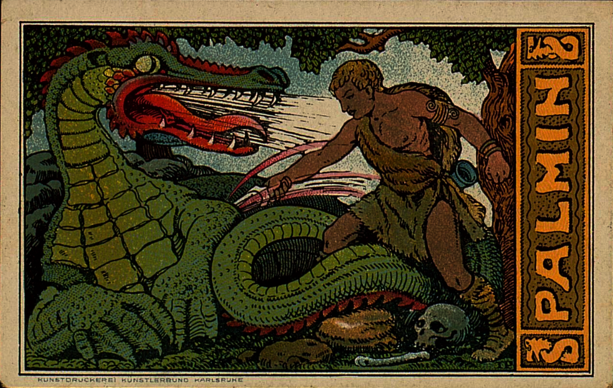 Ein Sammelbild von Palmin aus der Nibelungen-Serie. Zu sehen ist Siegfried als Drachentöter.