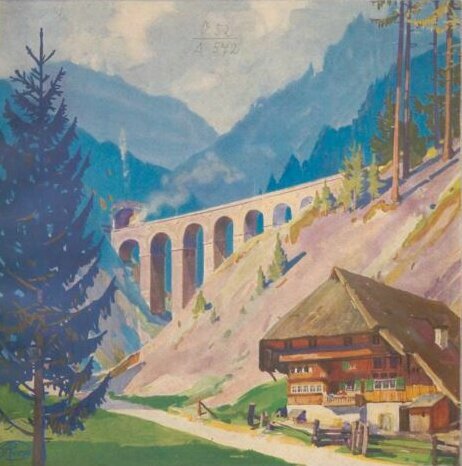 Zu sehen ist eine Darstellung eines Landschaftsausschnitts mit Schwarzwaldhütte, Tanne und Bahnbrücke im Hintergrund.