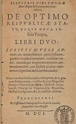 De optimo rei publicae statu deque nova insula Utopia von Thomas Morus.