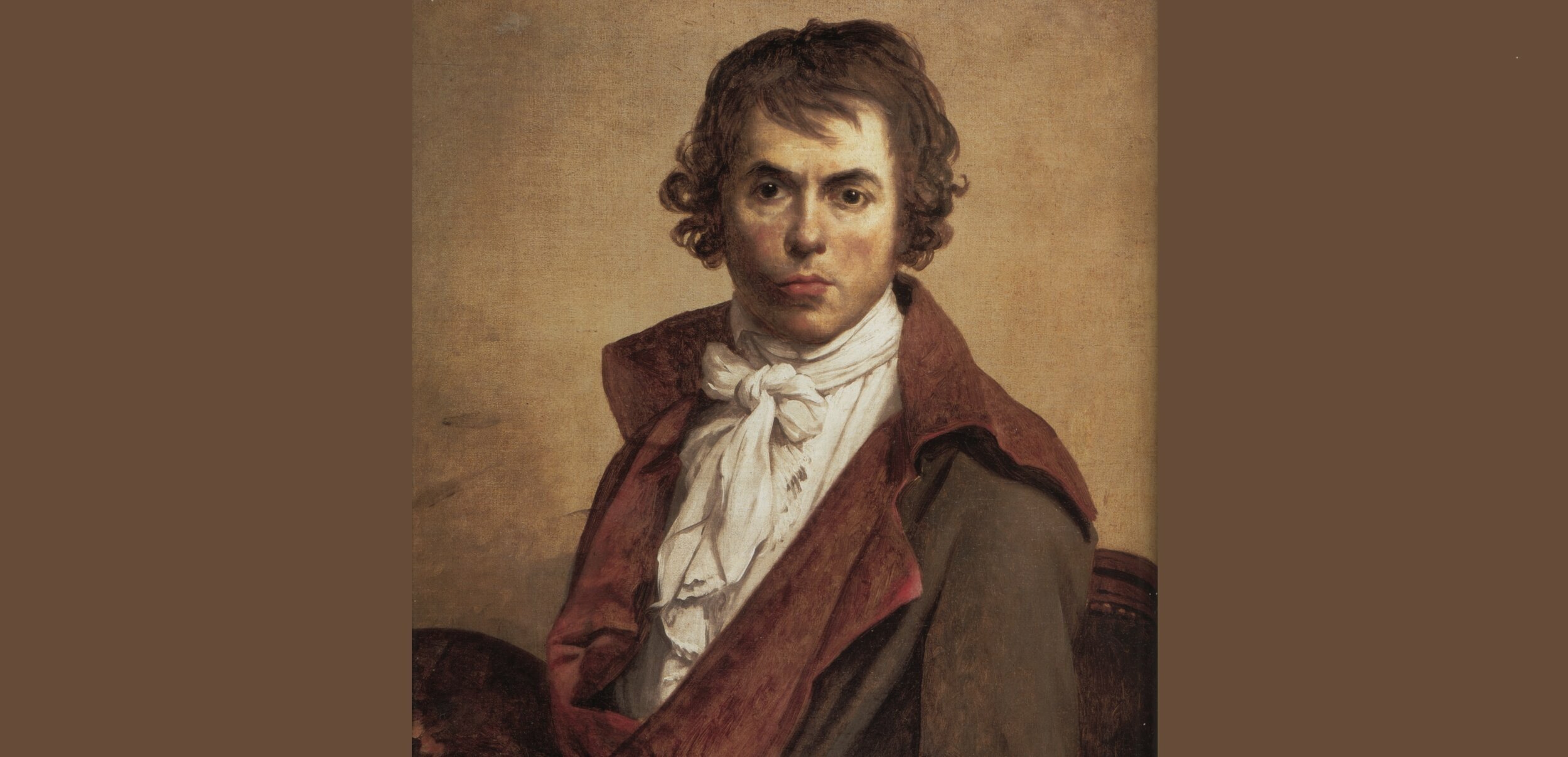 Selbstporträt des Malers David in brauner Jacke, den Betrachter frontal anblickend.