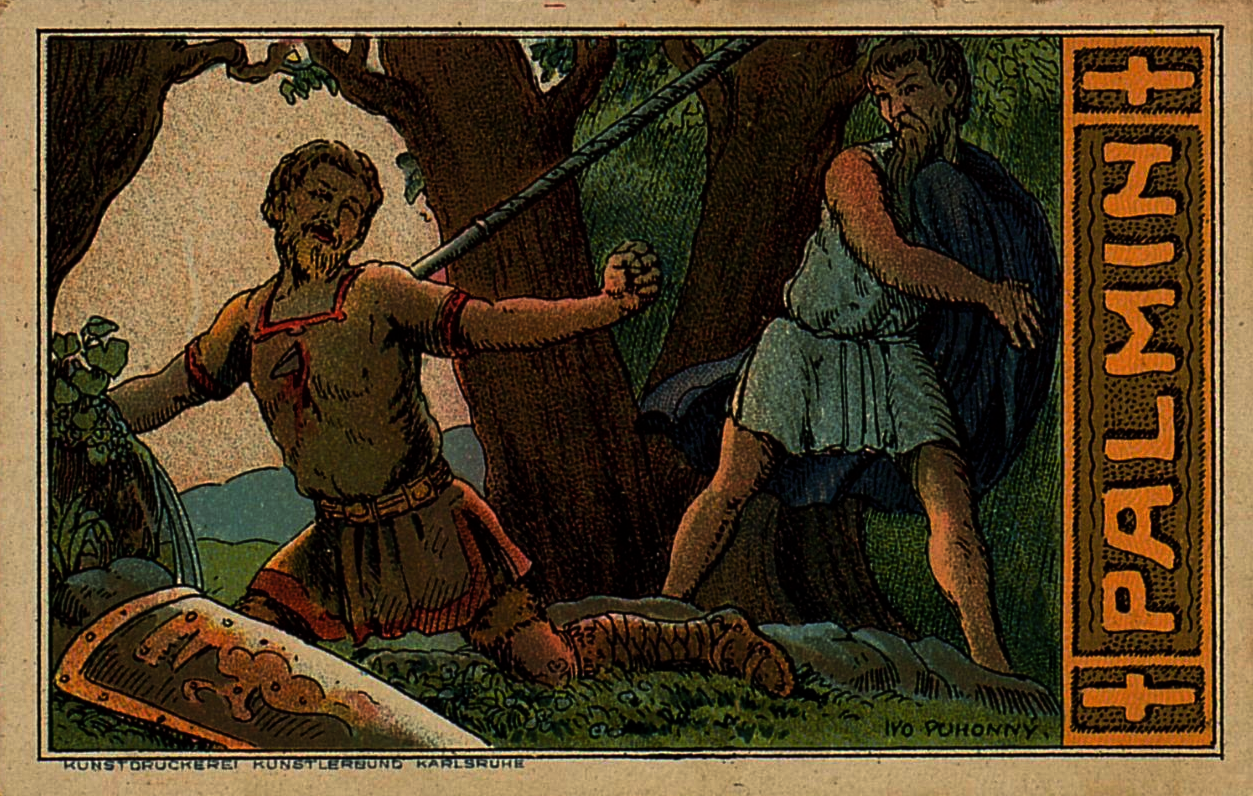 Ein Sammelbild von Palmin aus der Nibelungen-Serie. Zu sehen ist die Ermordung Siegfrieds durch Hagen.
