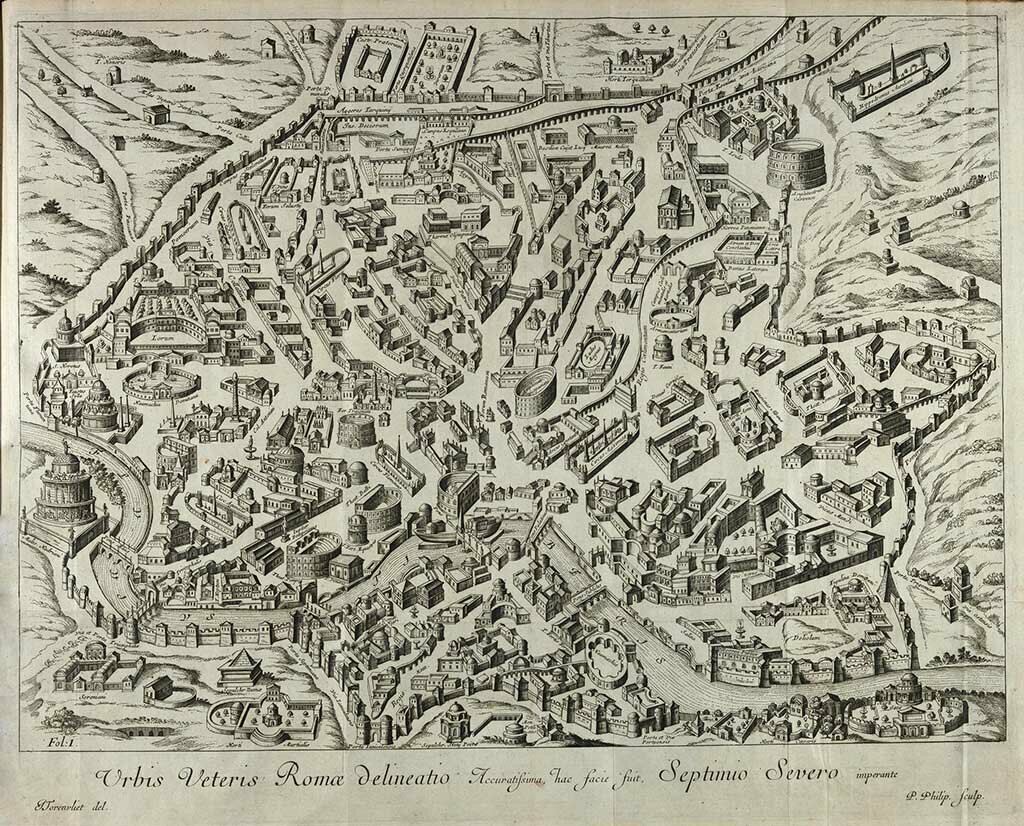 © Foto: Badische Landesbibliothek Karlsruhe Zu sehen ist ein Stadtplan von Rom aus einem Buch von Johannes Rosinus mit dem Titel "Romanarum antiquitatum libri decem" aus dem Jahr 1701. Das Buch stzammt aus der Italien-Sammlung von Klaus Gerhard Frank.