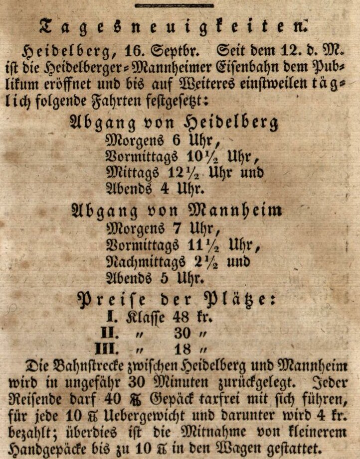 Bekanntgabe zur Eröffnung der Einsenbahnstrecke zwischen Mannheim und Heidelberg am 12. September 1840 in der dem Wochenblatt für die Bezirksämter Sinsheim, Neckarbischofsheim und Wiesloch vom 18. September 1840.