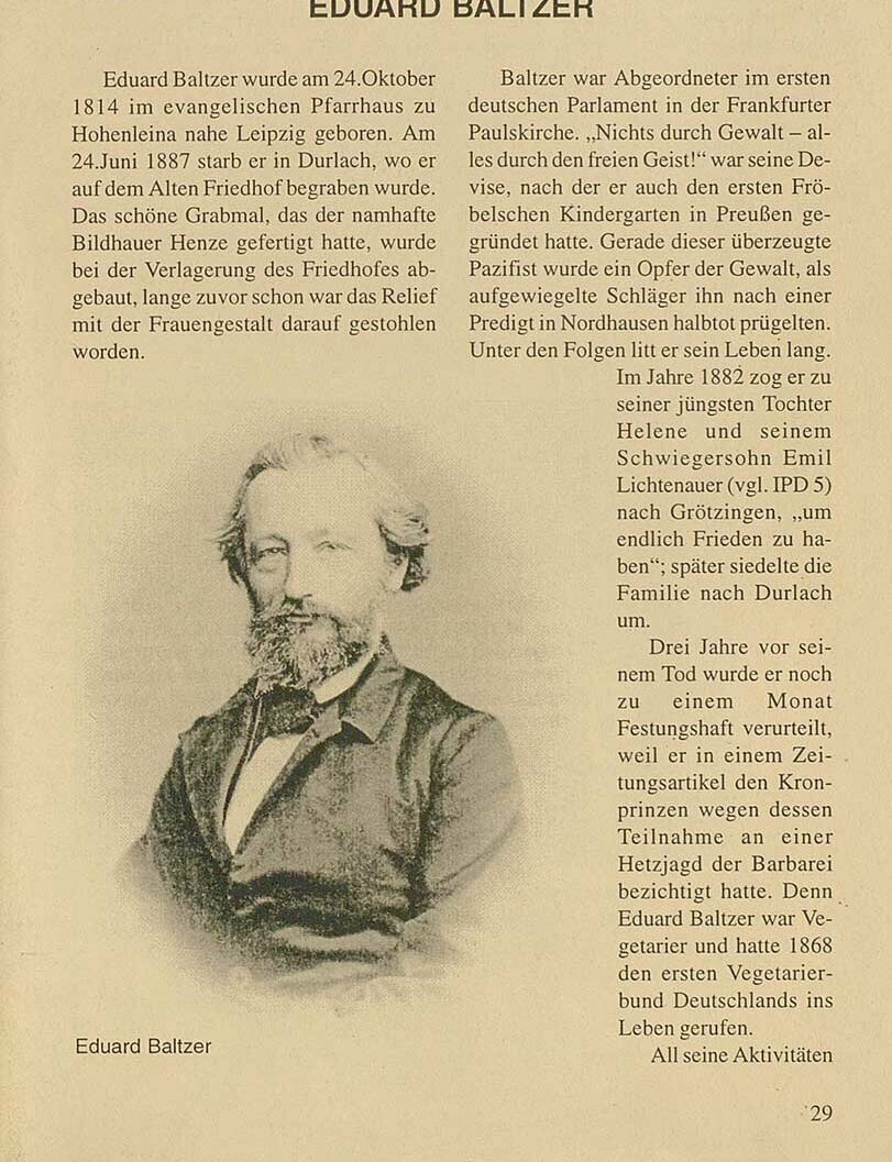 © Badische Landesbibliothek Biographischer Text zu Eduard Baltzer, gedruckte Seite mit einem Porträt von Eduard Baltzer.