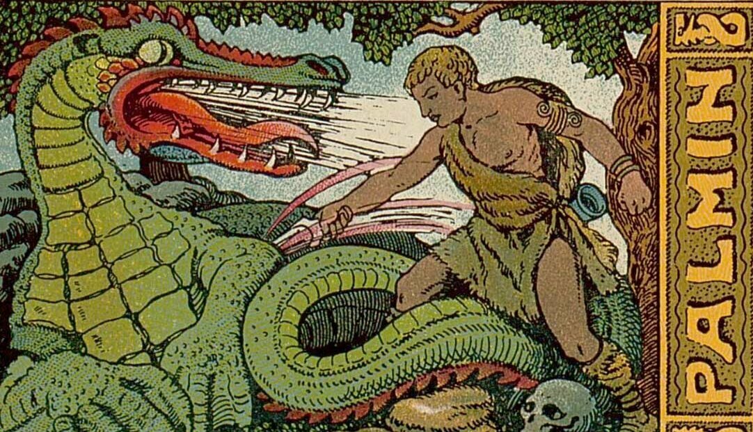 Ein Sammelbild von Palmin aus der Nibelungen-Serie. Zu sehen ist Siegfried als Drachentöter.