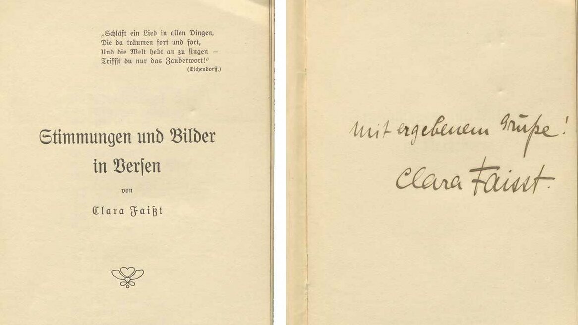 Clara Faisst: Stimmungen und Bilder in Versen. Karlsruhe: Reiff, 1910. Badische Landesbibliothek, Signatur 112 A 71155 R