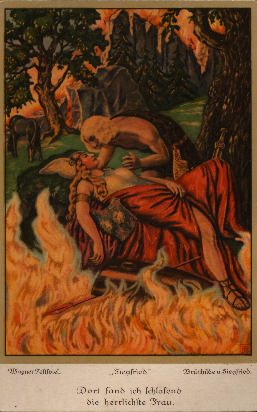 Siegfried weckt die schlafende Brünhild. Nach dem Original-Pastell von Leopold Reininger. Chromolithographie. W&N, AGL, 1910. Wenau-Pastell No. 1097. Signatur: 120 H 3021 R