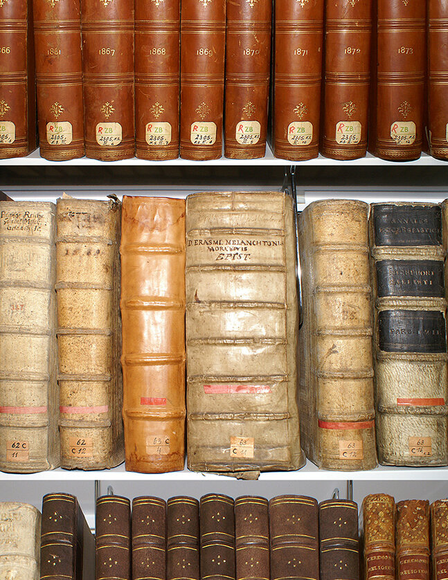 Ein Ausschnitt von einem Regal mit älteren Bänden wird gezeigt.