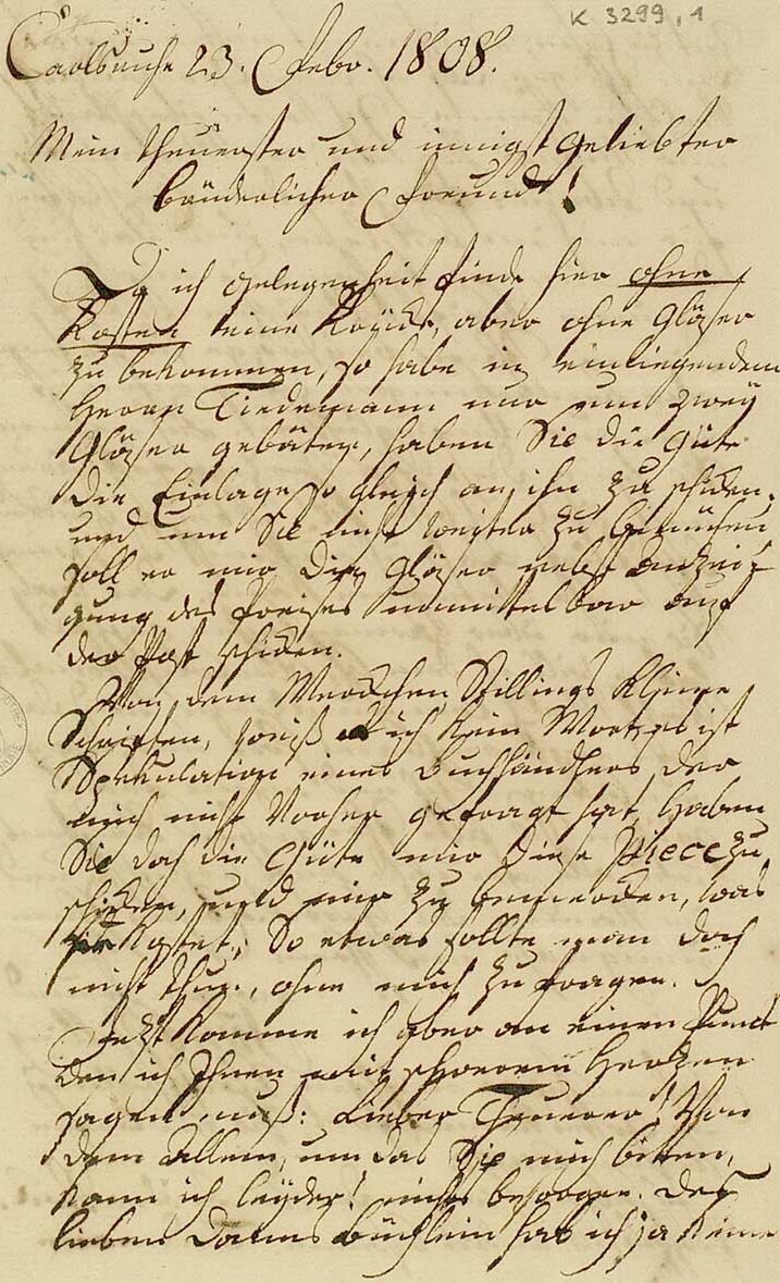 © Foto: Badische Landesbibliothek Karlsruhe Zu sehen ist die erste Seite eines Briefes von Johann Heinrich Jung-Stilling an einen Freund, geschrieben in Karlsruhe am 23. Februar 1808.