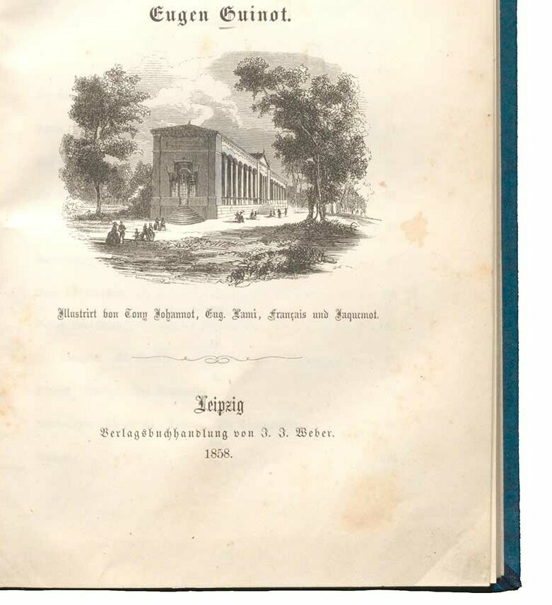 © Badische Landesbibliothek Das Bild zeigt das Titelblatt des Buchs "Ein Sommer in Baden-Baden" von Eugène Guinot. Es zeigt eine Illustration der Trinkhalle in Baden-Baden.