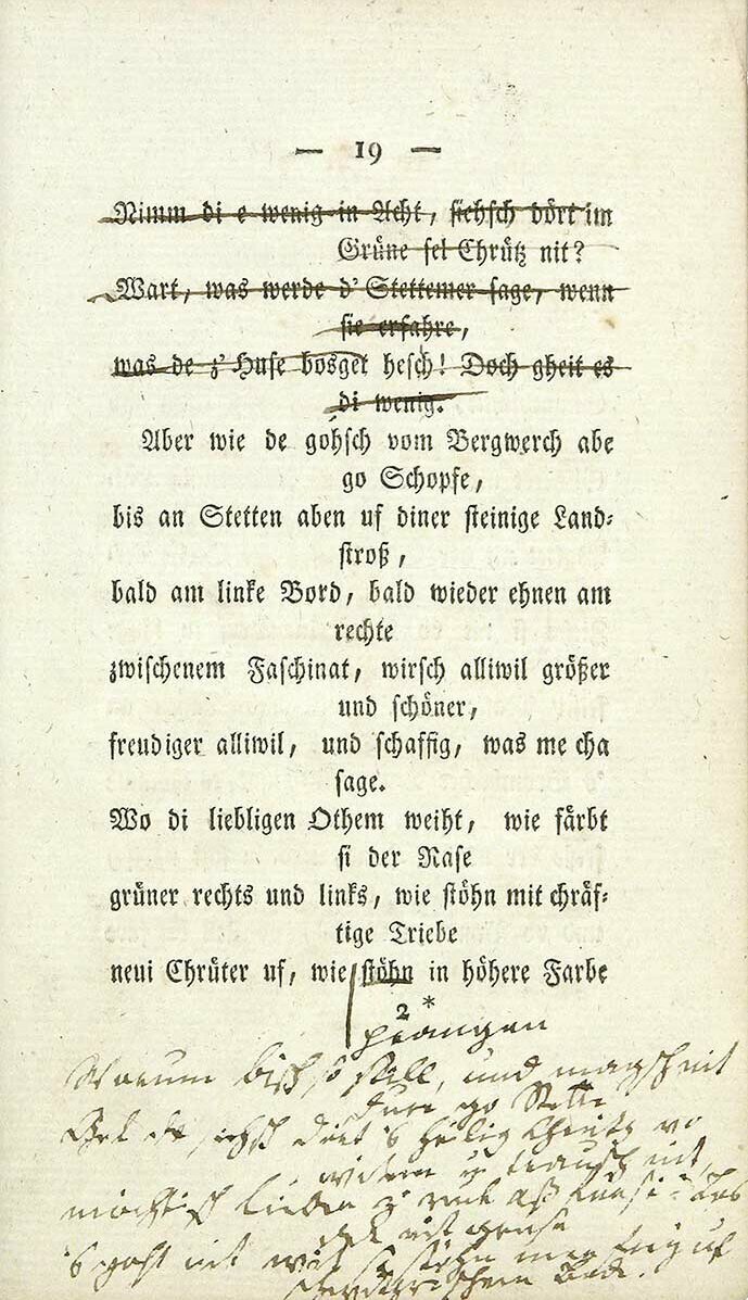 Gezeigt ist Seite 19 aus der Erstausgabe der Alllemannischen Gedichte von Johann Peter Hebel mit seinen eigenhändigen Anmerkungen. Der Band befindet sich in der Badischen Landesbibliothek. 