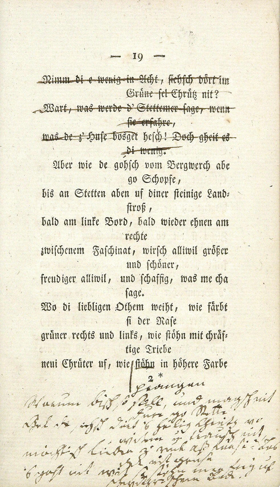 Gezeigt ist Seite 19 aus der Erstausgabe der Alllemannischen Gedichte von Johann Peter Hebel mit seinen eigenhändigen Anmerkungen. Der Band befindet sich in der Badischen Landesbibliothek. 