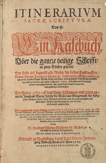 Titelseite des "Itinerarivm Sacrae Scriptvrae" mit roter und schwarzer Tinte.