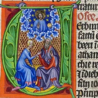 Zu sehen ist der Prophet Hosea vor dem eine Frau kniet. Über der Szenerie ist Gott mit einer Segnungsgeste zu sehen. 