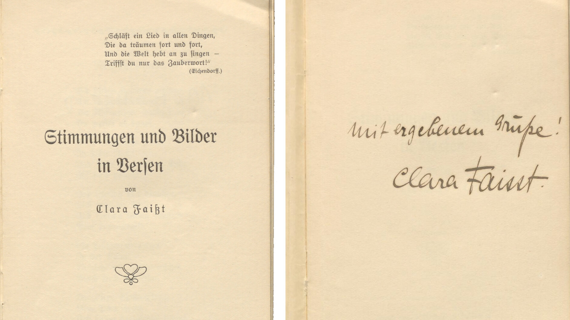 Clara Faisst: Stimmungen und Bilder in Versen. Karlsruhe: Reiff, 1910. Badische Landesbibliothek, Signatur 112 A 71155 R