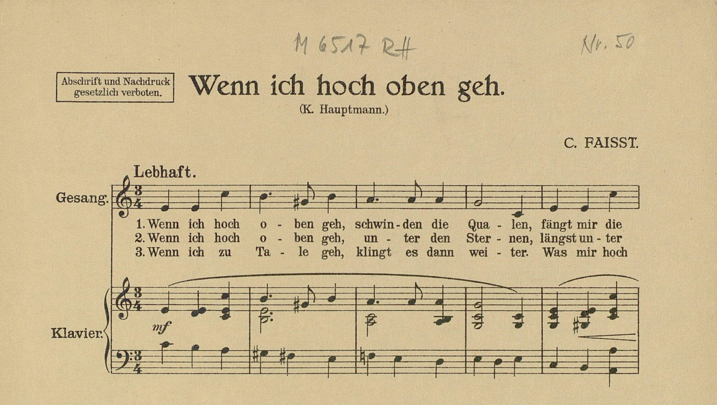 Clara Faisst: Wenn ich hoch oben geh. Für eine Singstimme und Klavier. Text: K. Hauptmann. Karlsruhe: Selbstverlag, circa 1915. Badische Landesbibliothek, Signatur M 6517 RH