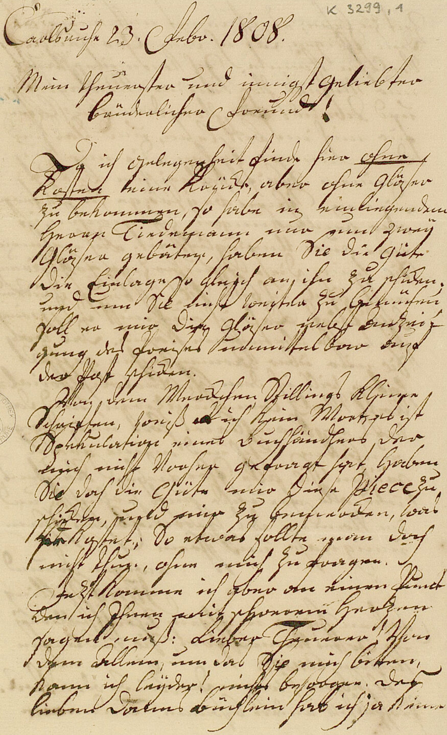 Zu sehen ist die erste Seite eines Briefes von Johann Heinrich Jung-Stilling an einen Freund, geschrieben in Karlsruhe am 23. Februar 1808.