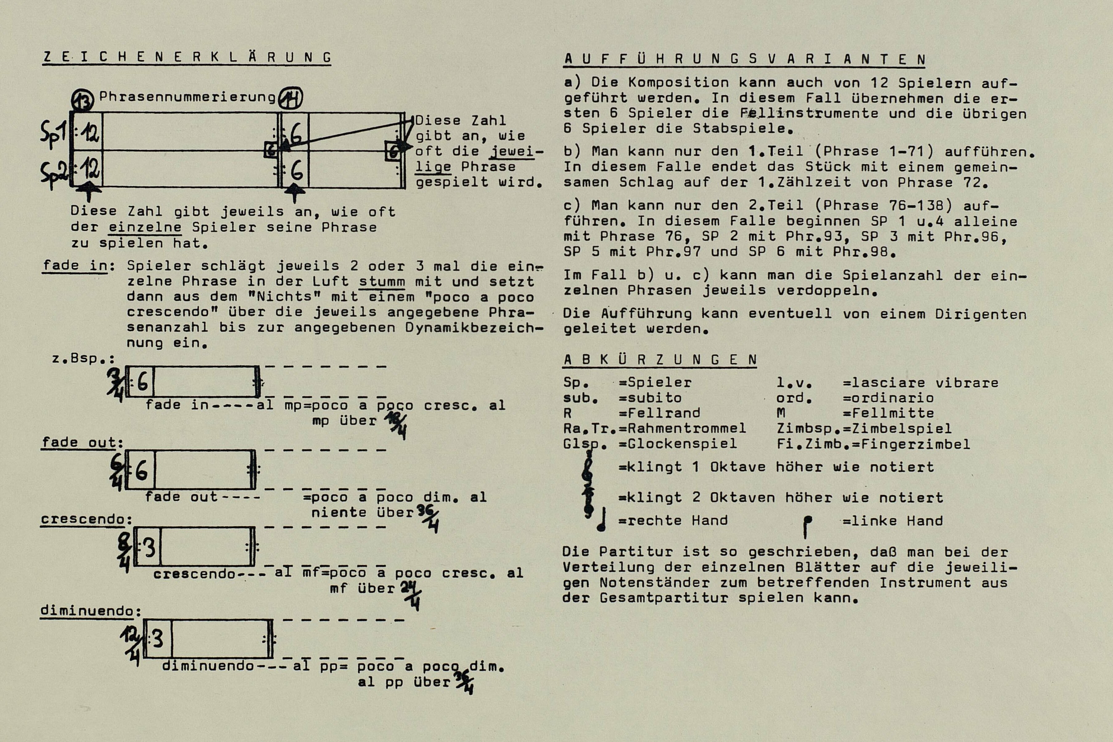 Rhizom II – Zeichenerklärung, Vorwort der Partitur