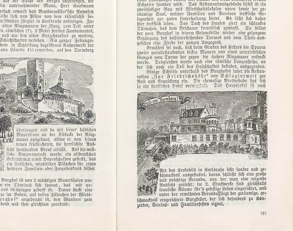 © Badische Landesbibliothek Textausschnitt aus Führer durch Durlach von 1888 Entnommen dem Buch 100 Jahre Turmberg-Bahn