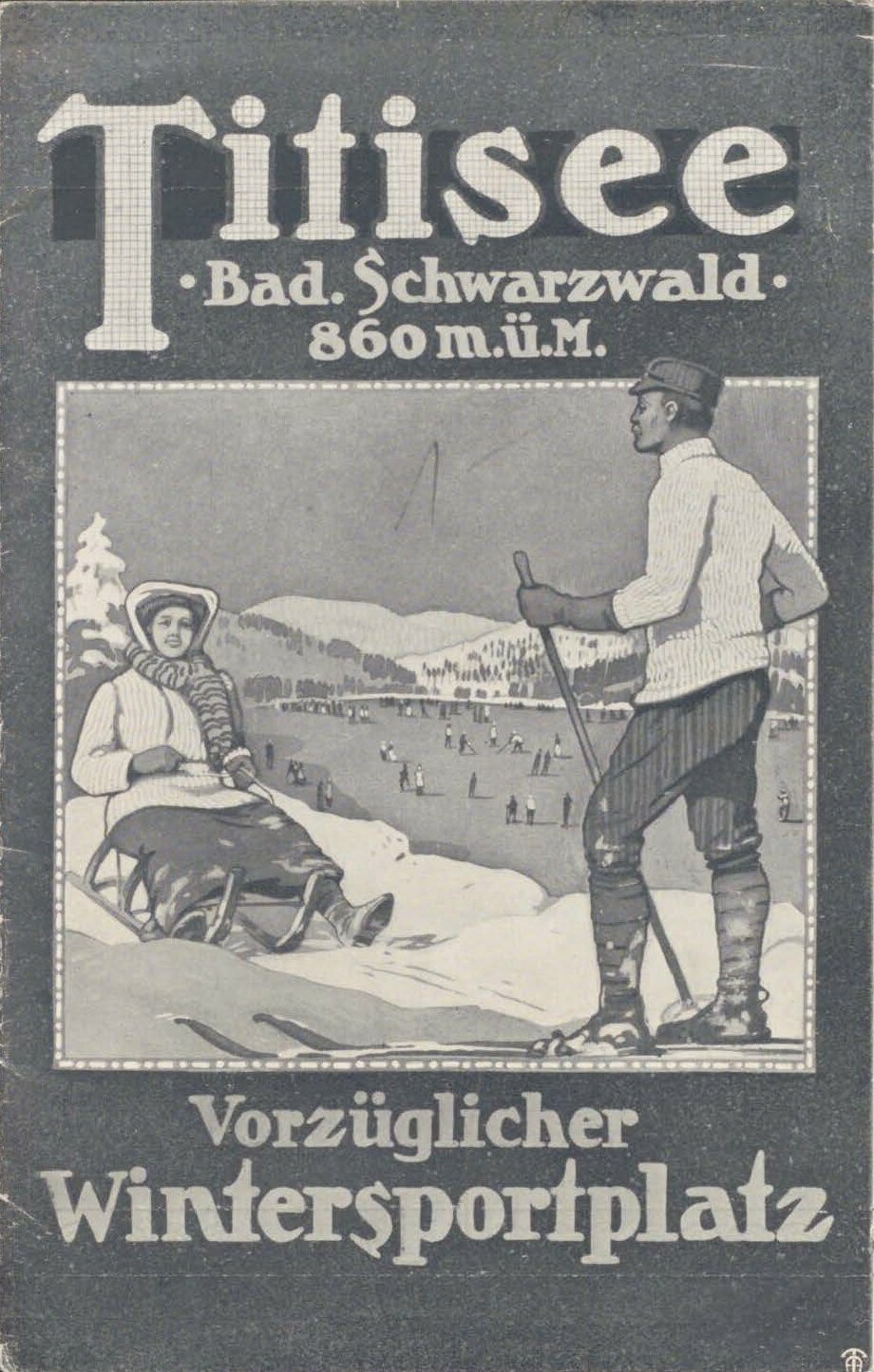 Bucheinband „Titisee“, abgebildet ist eine Schlittenfahrerin und ein Skifahrer. Im Hintergrund laufen Menschen auf dem Eis. 