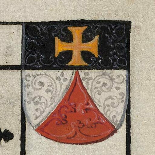 © Foto: Badische Landesbibliothek Karlsruhe Gezeigt wird ein Ausschnitt einer Seite mit dem Wappenexlibris von Joseph Freiherr von Laßberg. Oben ein goldenes Malteserkreuz auf schwarzem Grund, unten ein rotweißes Wappentuch mit Rankenornament.