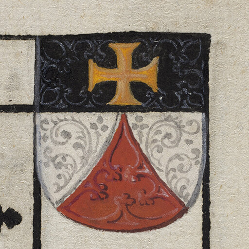 Gezeigt wird ein Ausschnitt einer Seite mit dem Wappenexlibris von Joseph Freiherr von Laßberg. Oben ein goldenes Malteserkreuz auf schwarzem Grund, unten ein rotweißes Wappentuch mit Rankenornament.