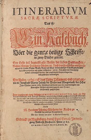 Titelseite des "Itinerarivm Sacrae Scriptvrae" mit roter und schwarzer Tinte.