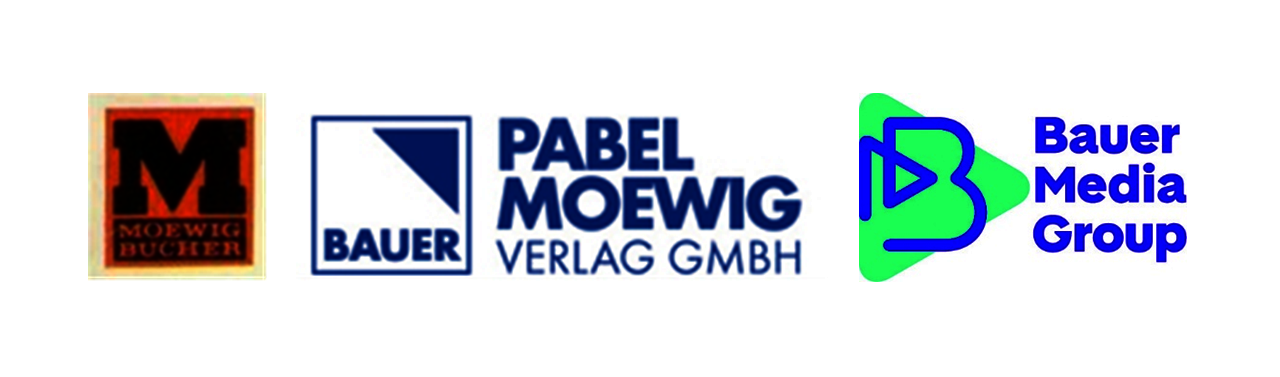 Die Abbildung zeigt die Verlagslogos des Moewig Verlags München, der Pabel-Moewig Verlag GmbH und der Bauer Media Group (aktuell).
