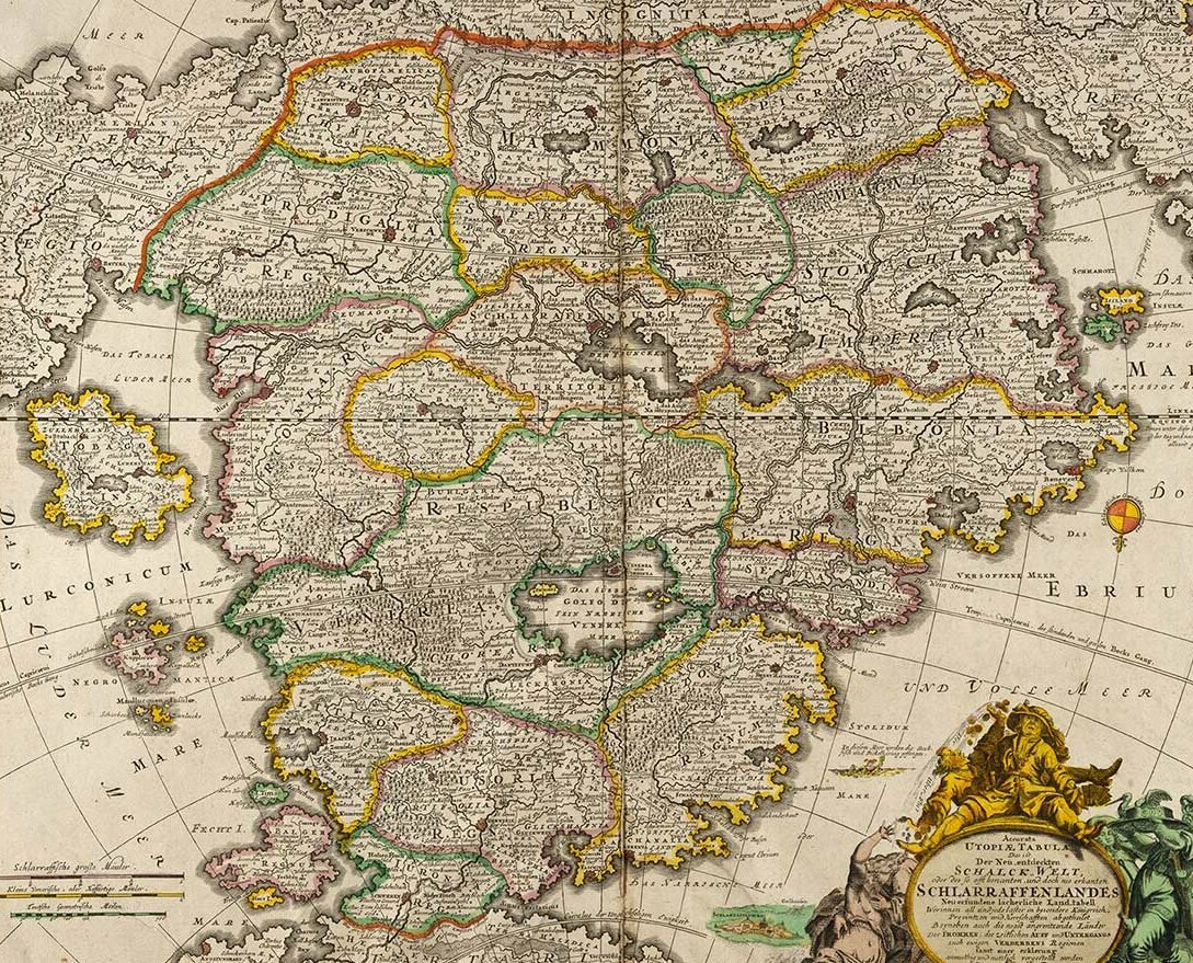 Ausführliche Karte des Schlaraffenlandes Aus: Atlas Novus Terrarum: Accurata Utopiae Tabula