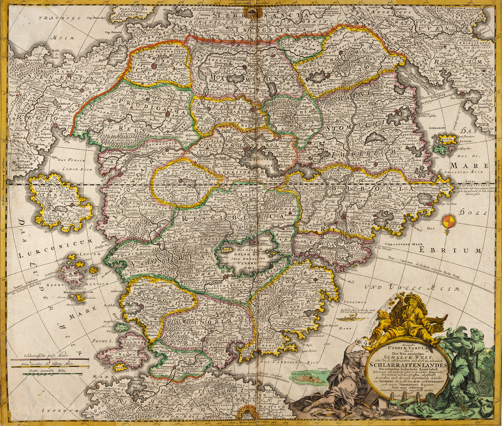 Ausführliche Karte des Schlaraffenlandes Aus: Atlas Novus Terrarum: Accurata Utopiae Tabula