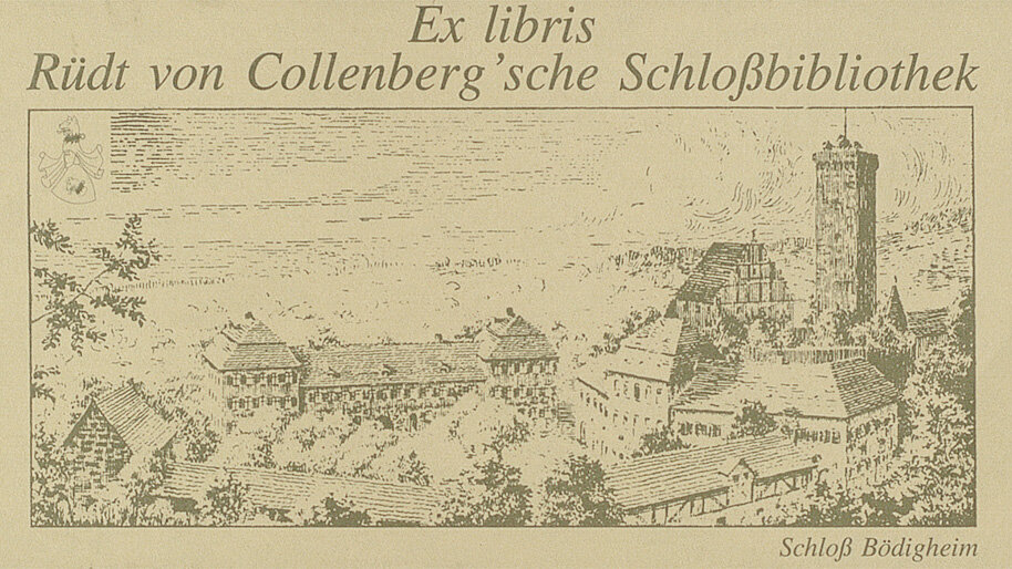 Auf dem Exlibris der Familie Rüdt von Collenberg ist das Schloss Bödigheim abgebildet.bibliothek Bödigheim 