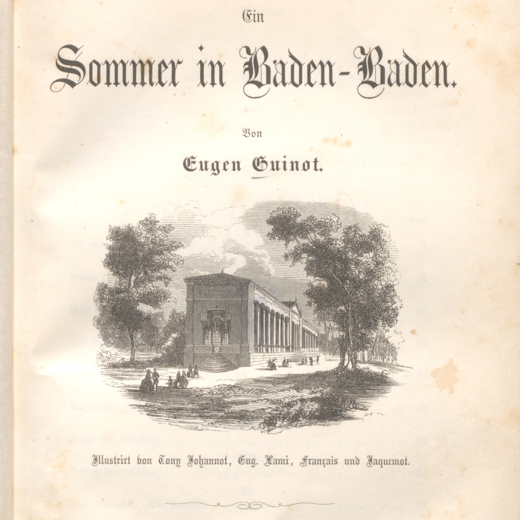 Das Bild zeigt das Titelblatt des Buchs "Ein Sommer in Baden-Baden" von Eugène Guinot. Es zeigt eine Illustration der Trinkhalle in Baden-Baden.
