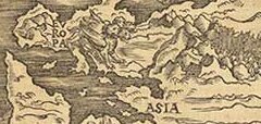 Karte der Vision des Propheten Daniel. Die Kontinente Afrika, Asien und Europa sind unförmig miteinander verschmolzen. Drachen und andere überdimensionale Tiere bewegen sich auf dem Land.
