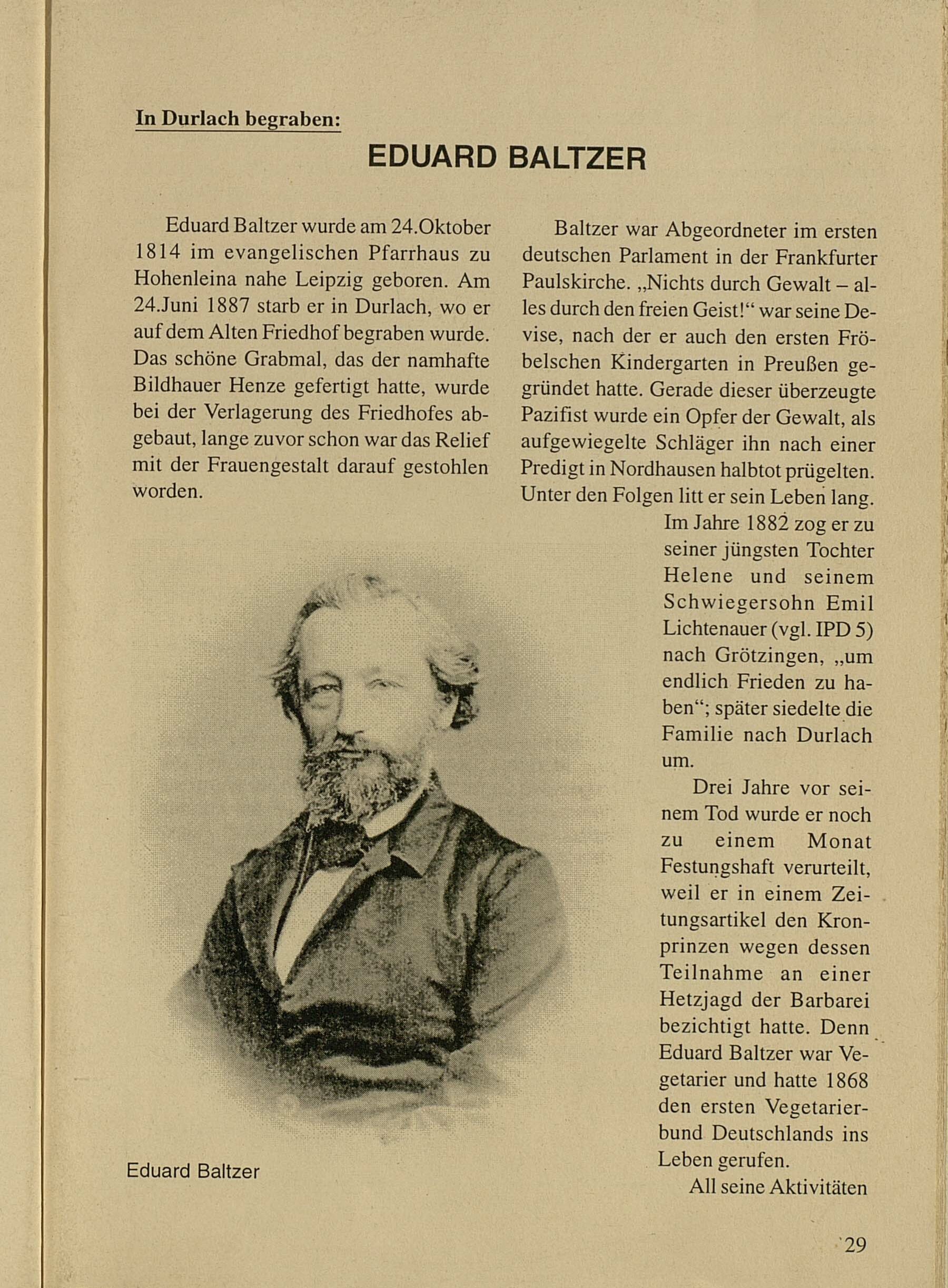 Biographischer Text zu Eduard Baltzer, gedruckte Seite mit einem Porträt von Eduard Baltzer.