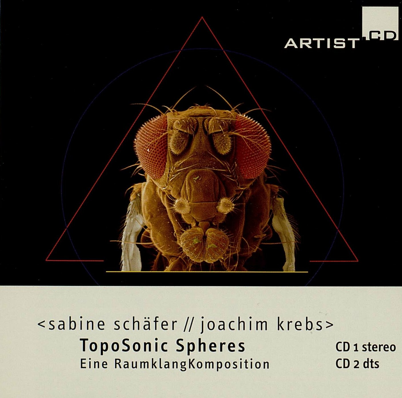 Cover der Doppel-CD "TopoSonic Spheres. Eine Raumklangkomposition" Fliegenkopf in rotem Dreieck.