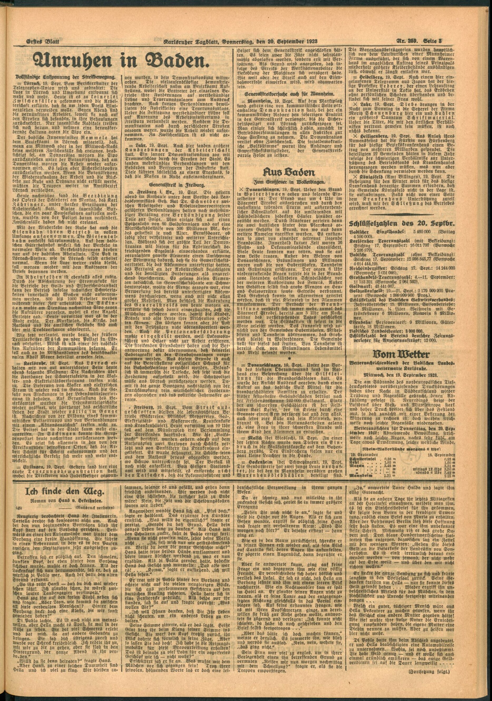 Der Screenshot zeigt eine Seite aus dem Karlsruher Tagblatt vom 20. September 1923.