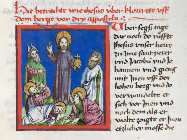 Das Bild zeigt einen Ausschnitt aus Michael de Massas "Vita Christi", Oberrheinischer Sprachraum, Mitte 15. Jh., Cod. Donaueschingen 436, Bl. 114r