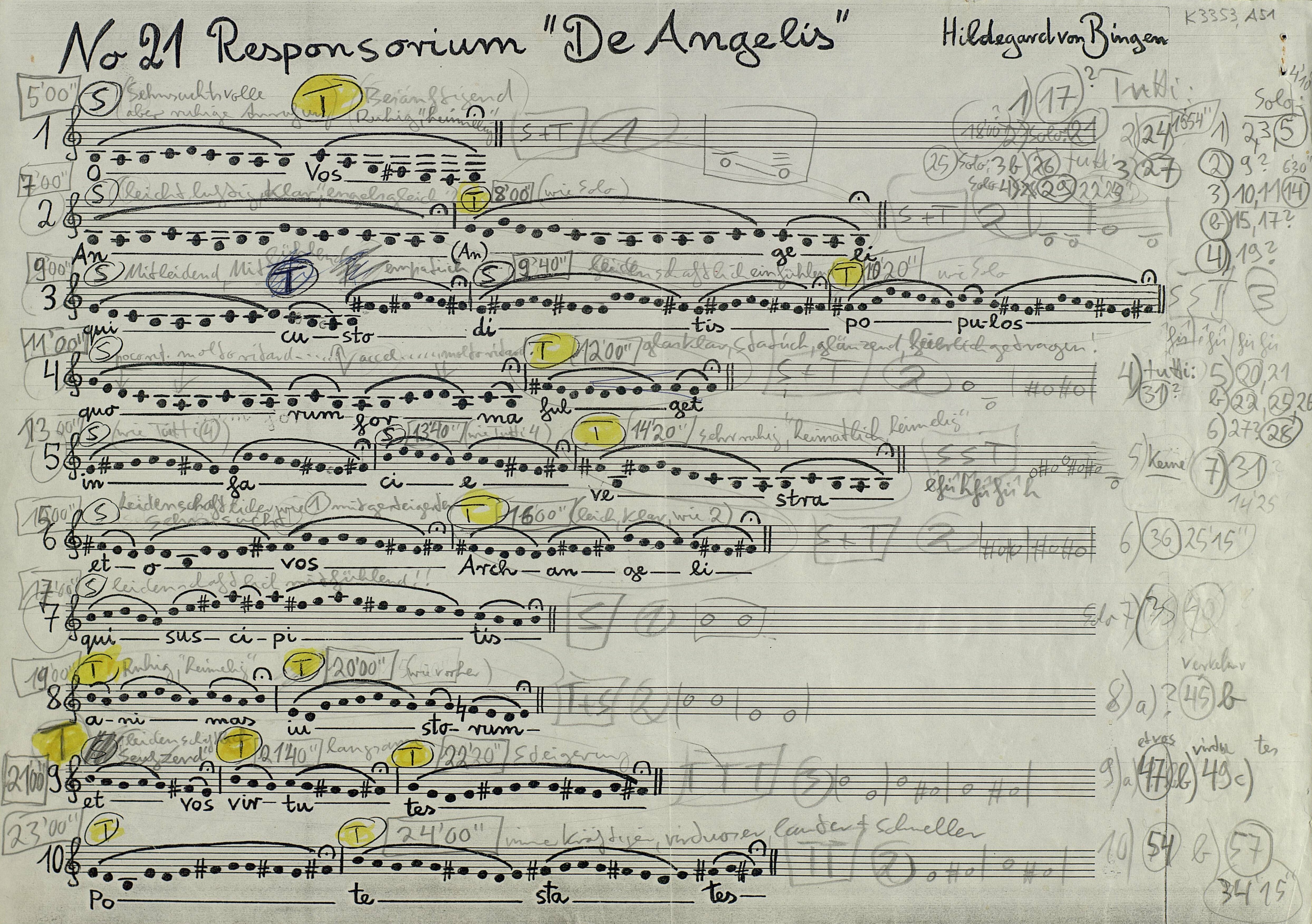Responsorium De Angelis von Hildegard von Bingen mit Notizen zu den drei Gesangsstimmen Manuskript Joachim Krebs