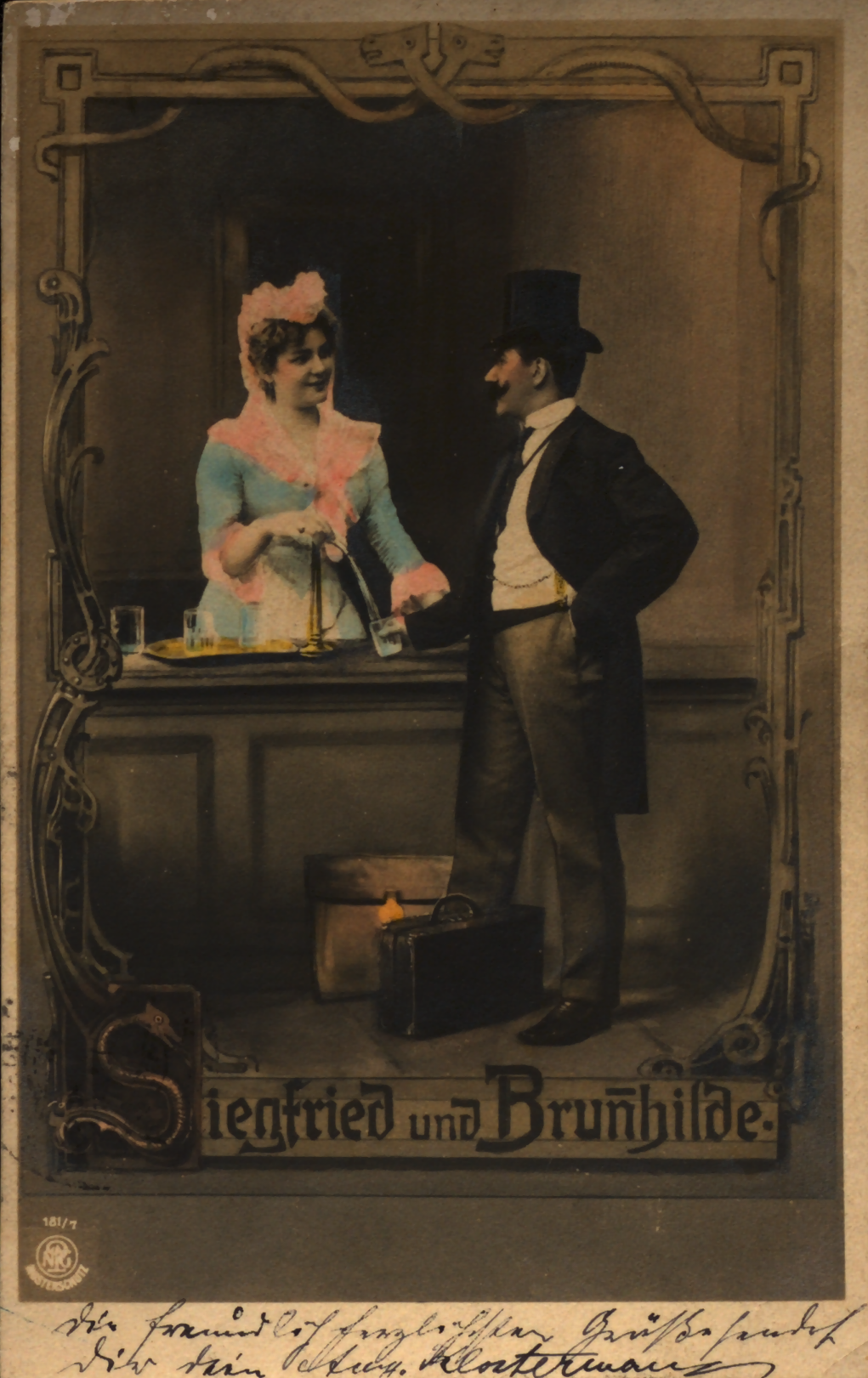 Siegfried und Brun̄hilde. Bromsilberkarte, koloriert. Berlin: Neue Photographische Gesellschaft. Gesendet von Vechta nach Vechta 1905. Signatur: 120 H 3010 R
